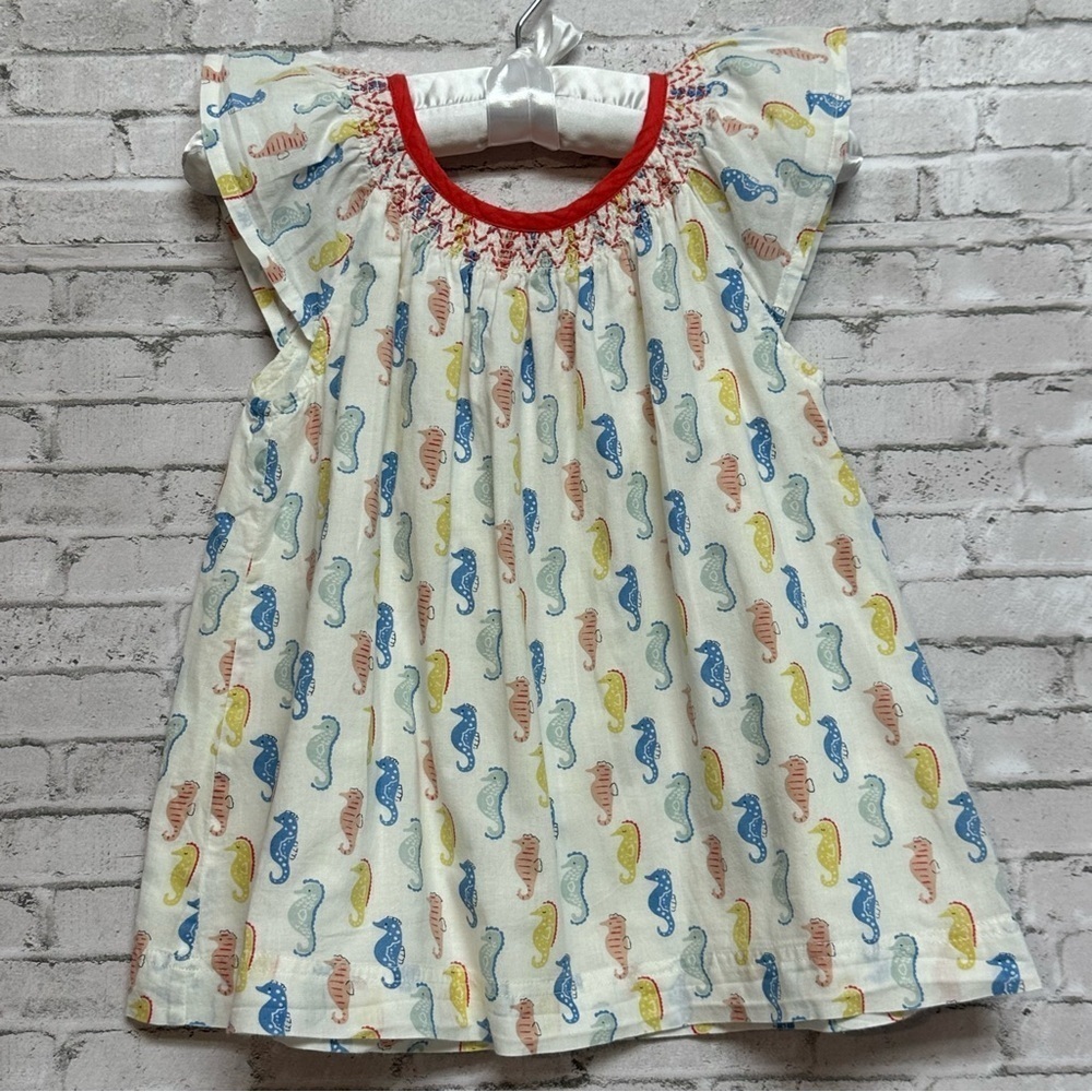 MINI BODEN Seahorse Themed Smocked Size 4-5Y Top Tunic White Red Blue Yellow